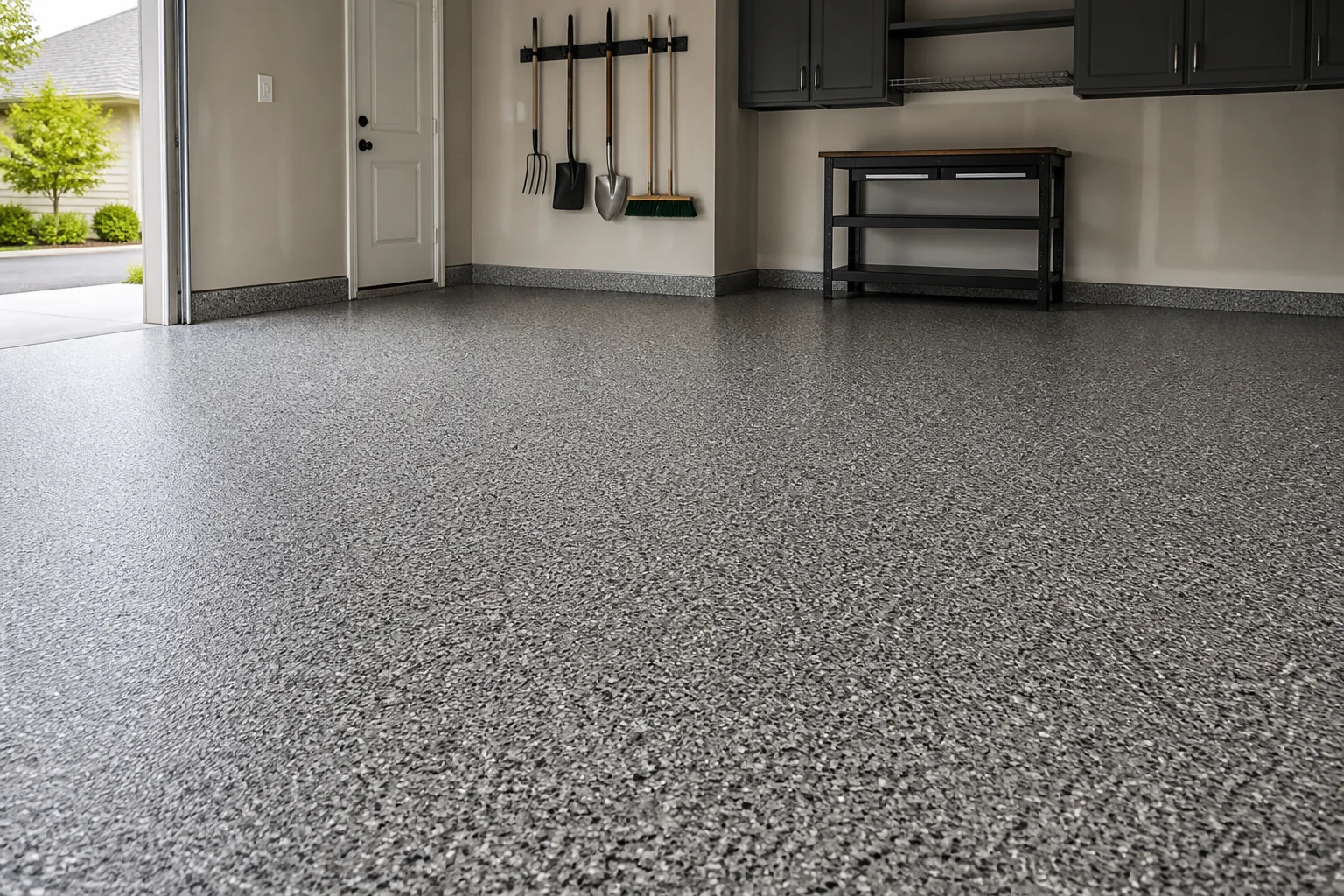 Illustrative example of a grey flake garage floor