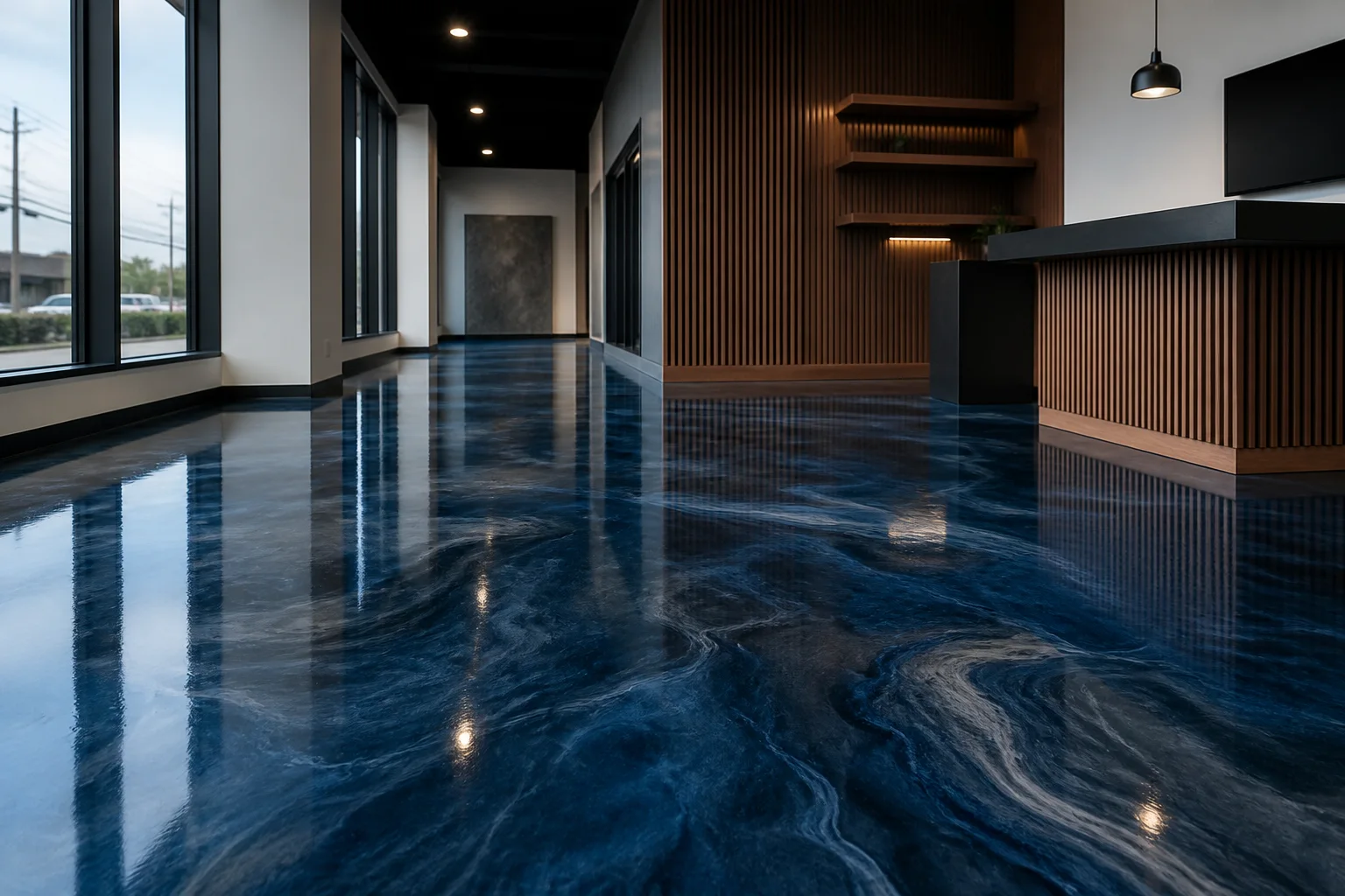 Illustrative example of a blue metallic epoxy floor